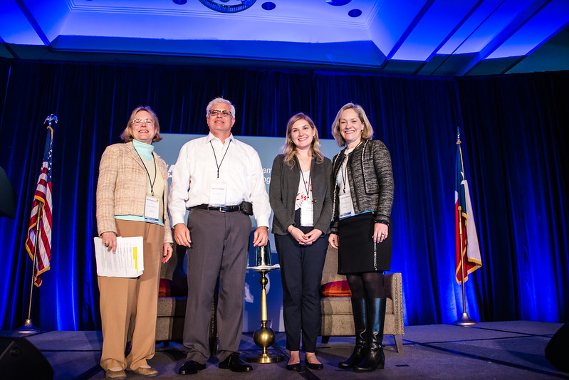 Winners of the Innovating Texas Poster Challenge accept their award from two members of the 2020 TAMEST Conference Program Committee. (Left to right) Ann Beal Salamone (NAE), Michael A. Miller, Ph.D., Ashlee Brunaugh, M. Cynthia Hipwell, Ph.D. (NAE)